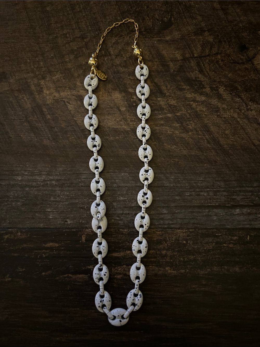 By Alexa Rae Melania Clara Speckled Black White Alaia Necklace with Gold Accents